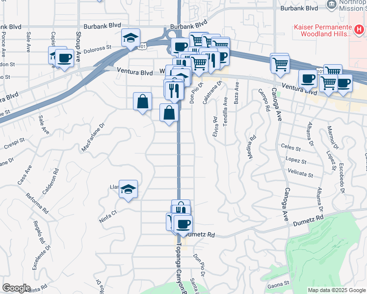 map of restaurants, bars, coffee shops, grocery stores, and more near 5146 Topanga Canyon Boulevard in Los Angeles
