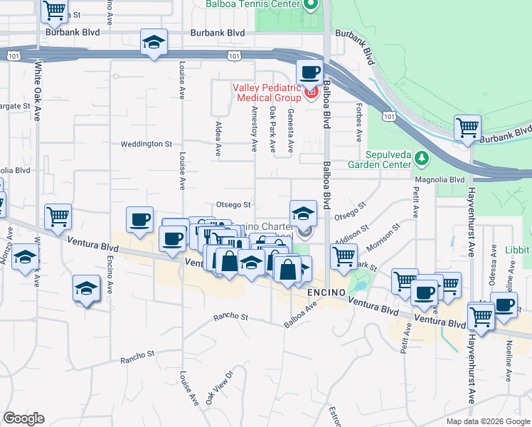 map of restaurants, bars, coffee shops, grocery stores, and more near 17039 Embassy Drive in Los Angeles