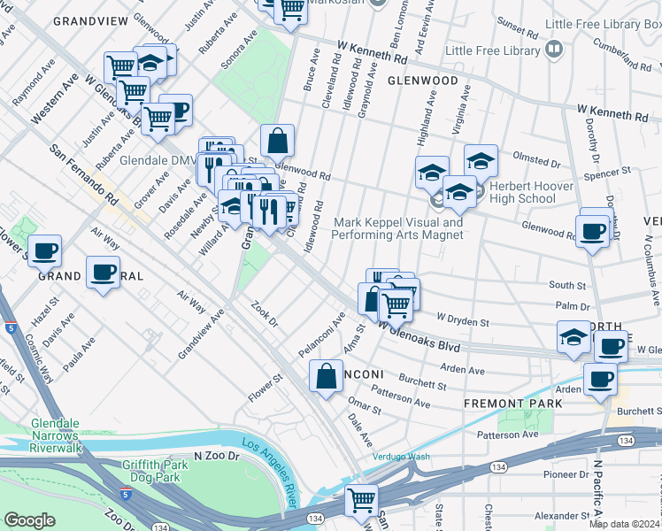 map of restaurants, bars, coffee shops, grocery stores, and more near 1112 Graynold Avenue in Glendale