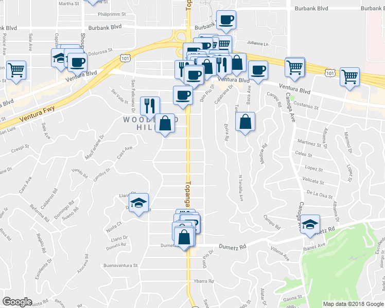 map of restaurants, bars, coffee shops, grocery stores, and more near 5146 Topanga Canyon Boulevard in Los Angeles