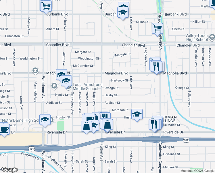 map of restaurants, bars, coffee shops, grocery stores, and more near 5103 Longridge Avenue in Los Angeles