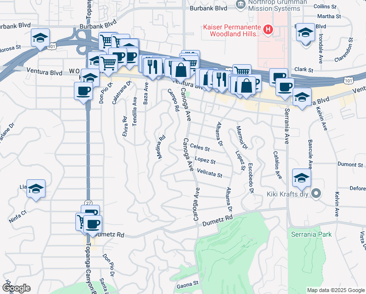 map of restaurants, bars, coffee shops, grocery stores, and more near 5135 Canoga Avenue in Los Angeles