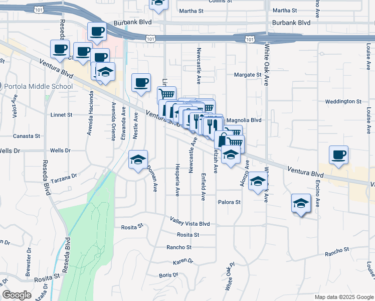 map of restaurants, bars, coffee shops, grocery stores, and more near 5143 Newcastle Avenue in Los Angeles