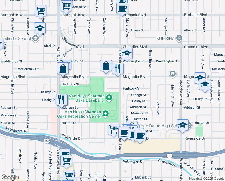 map of restaurants, bars, coffee shops, grocery stores, and more near 14126 Hartsook Street in Los Angeles