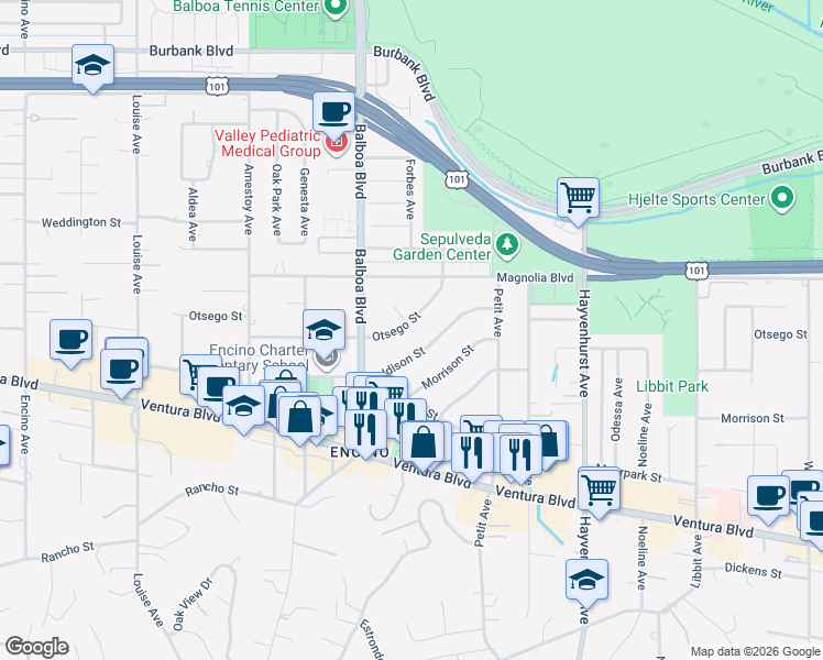 map of restaurants, bars, coffee shops, grocery stores, and more near 16764 Addison Street in Los Angeles