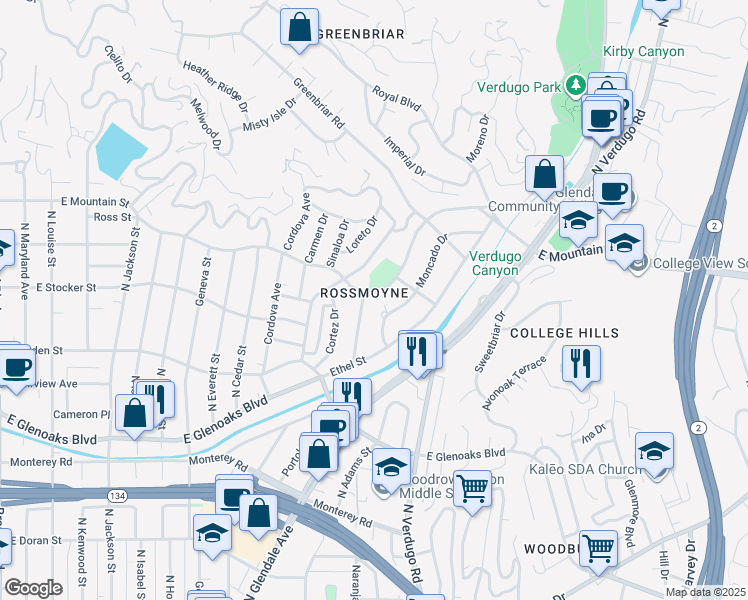 map of restaurants, bars, coffee shops, grocery stores, and more near 1110 East Mountain Street in Glendale