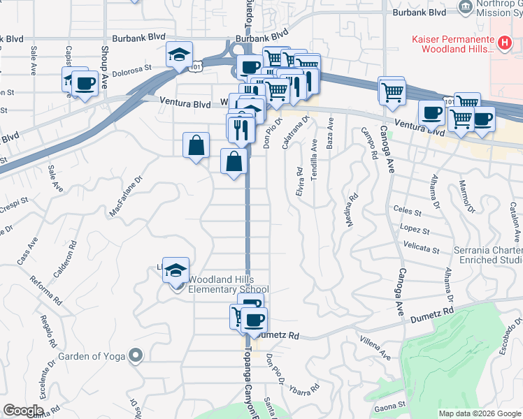 map of restaurants, bars, coffee shops, grocery stores, and more near 21914 Galvez Street in Los Angeles