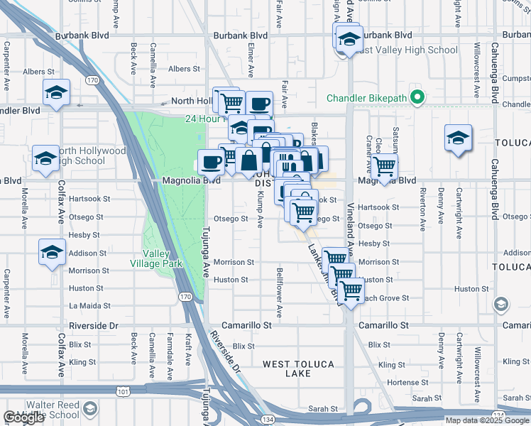 map of restaurants, bars, coffee shops, grocery stores, and more near 11231 Otsego Street in Los Angeles