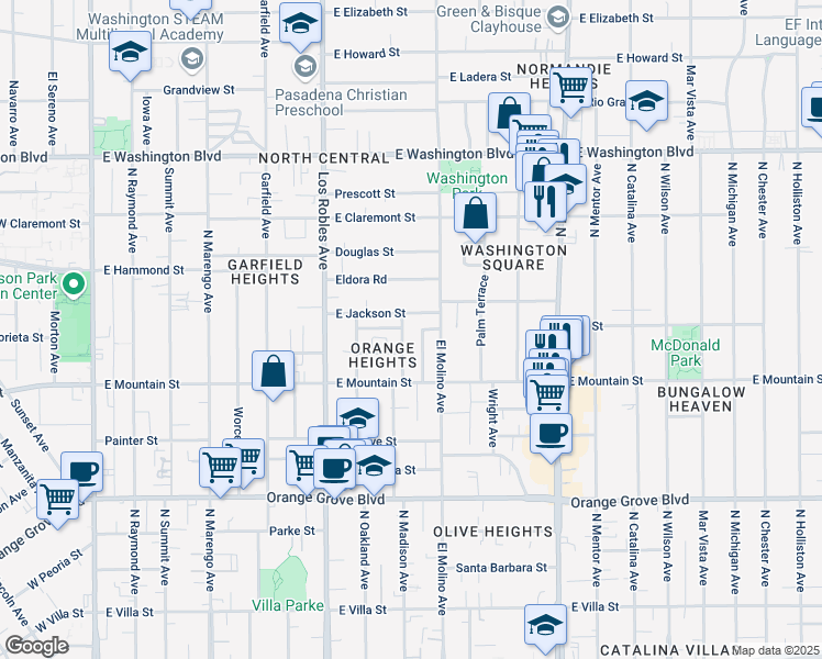map of restaurants, bars, coffee shops, grocery stores, and more near 1010 North Madison Avenue in Pasadena
