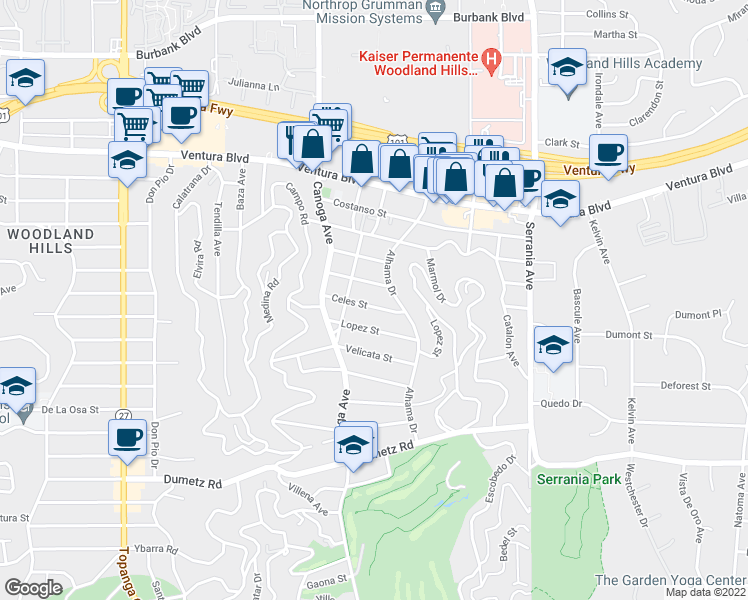 map of restaurants, bars, coffee shops, grocery stores, and more near 21303 Celes Street in Los Angeles