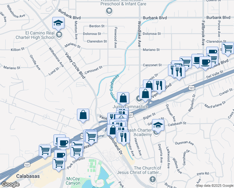 map of restaurants, bars, coffee shops, grocery stores, and more near 23330 Gonzales Drive in Los Angeles