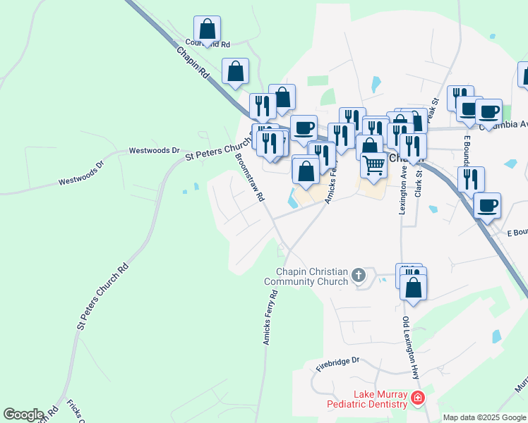 map of restaurants, bars, coffee shops, grocery stores, and more near 500 Turkey Pointe Lane in Chapin