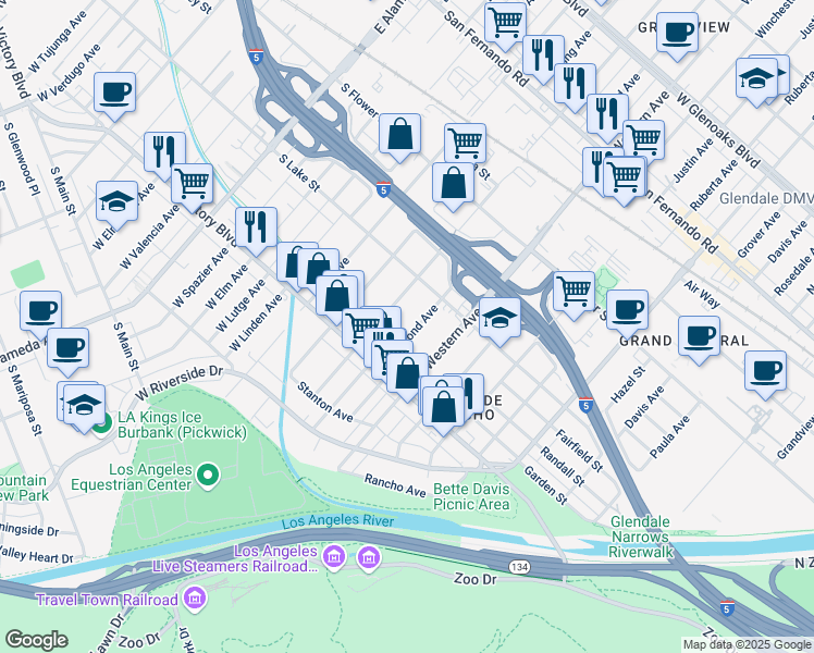 map of restaurants, bars, coffee shops, grocery stores, and more near 410 Thompson Avenue in Glendale