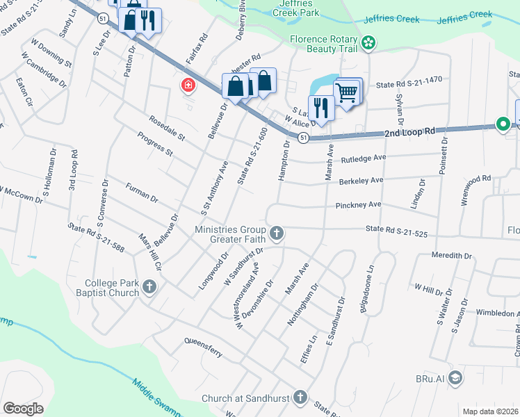 map of restaurants, bars, coffee shops, grocery stores, and more near 1705 State Road S-21-562 in Florence