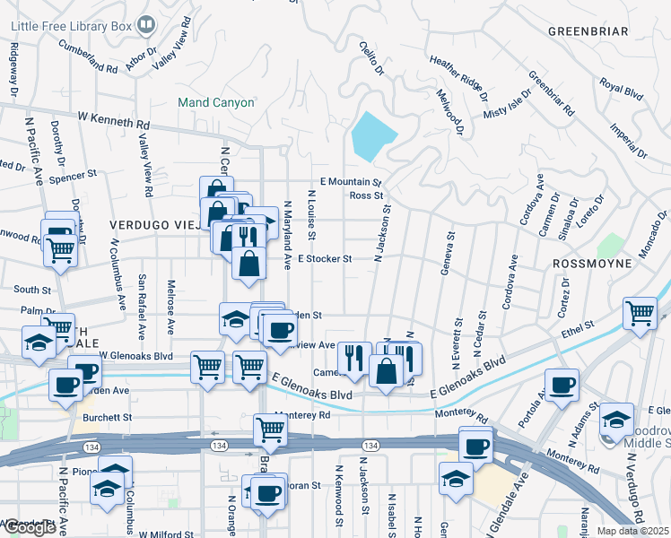 map of restaurants, bars, coffee shops, grocery stores, and more near 320 East Stocker Street in Glendale