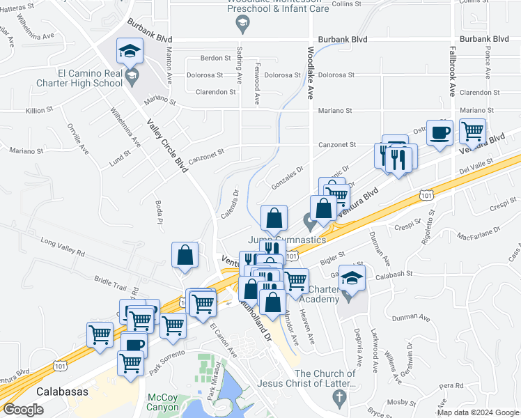 map of restaurants, bars, coffee shops, grocery stores, and more near 23330 Gonzales Drive in Los Angeles