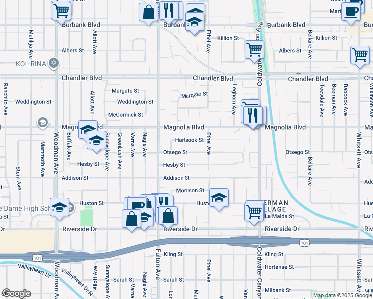 map of restaurants, bars, coffee shops, grocery stores, and more near 13157 Otsego Street in Los Angeles