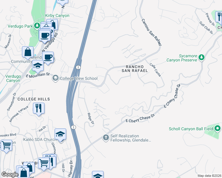map of restaurants, bars, coffee shops, grocery stores, and more near 968 Calle Amable in Glendale