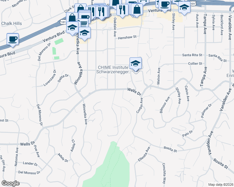 map of restaurants, bars, coffee shops, grocery stores, and more near 5060 Oakdale Avenue in Los Angeles