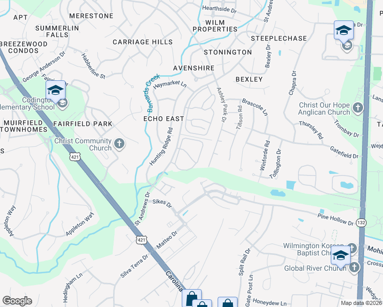 map of restaurants, bars, coffee shops, grocery stores, and more near 4594 Tynemouth Drive in Wilmington