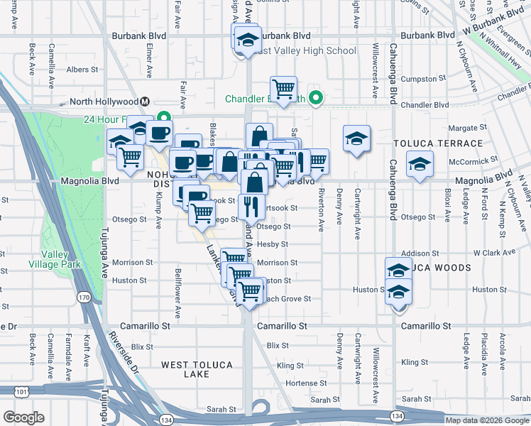 map of restaurants, bars, coffee shops, grocery stores, and more near 10936 Hartsook Street in Los Angeles