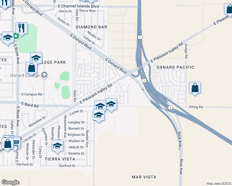 map of restaurants, bars, coffee shops, grocery stores, and more near 2374 Nash Lane in Oxnard
