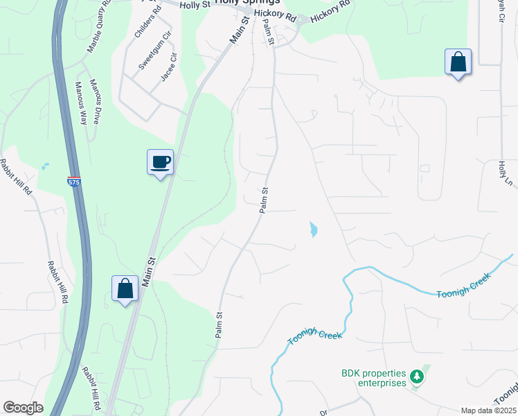 map of restaurants, bars, coffee shops, grocery stores, and more near 806 Palm Street in Holly Springs