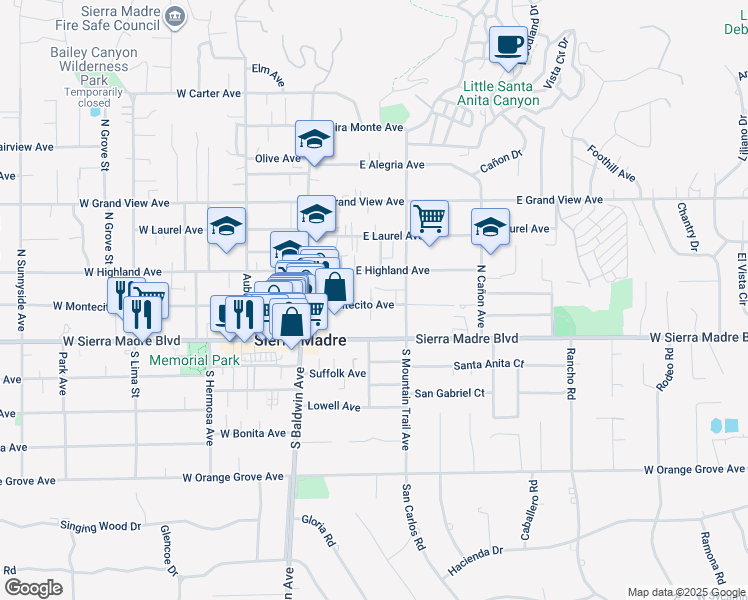 map of restaurants, bars, coffee shops, grocery stores, and more near 126 East Highland Avenue in Sierra Madre