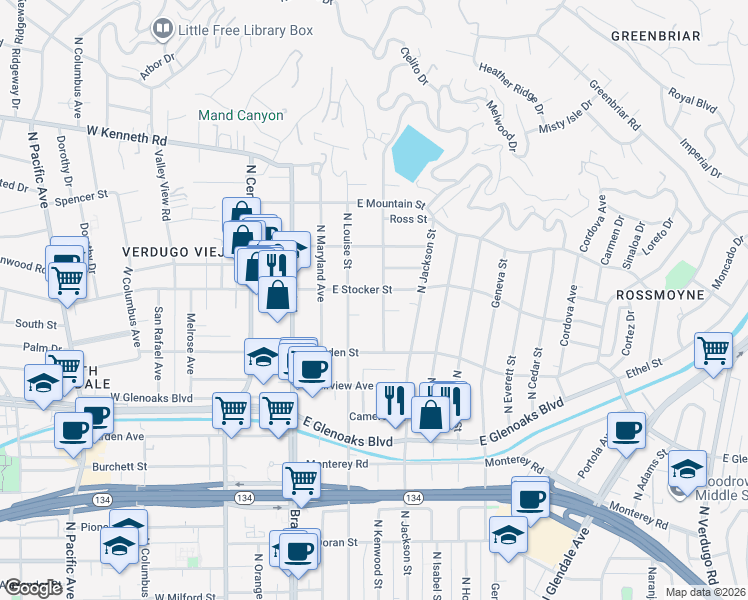 map of restaurants, bars, coffee shops, grocery stores, and more near 401 East Stocker Street in Glendale
