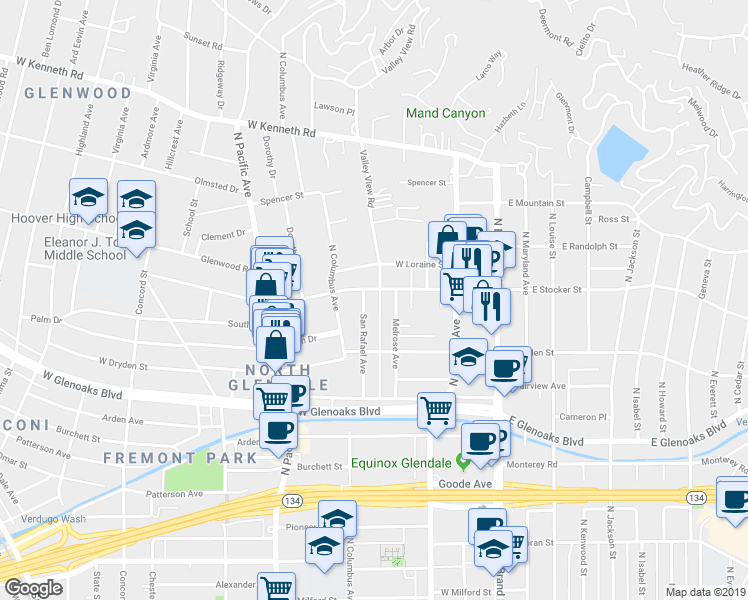 map of restaurants, bars, coffee shops, grocery stores, and more near 1204 Valley View Road in Glendale
