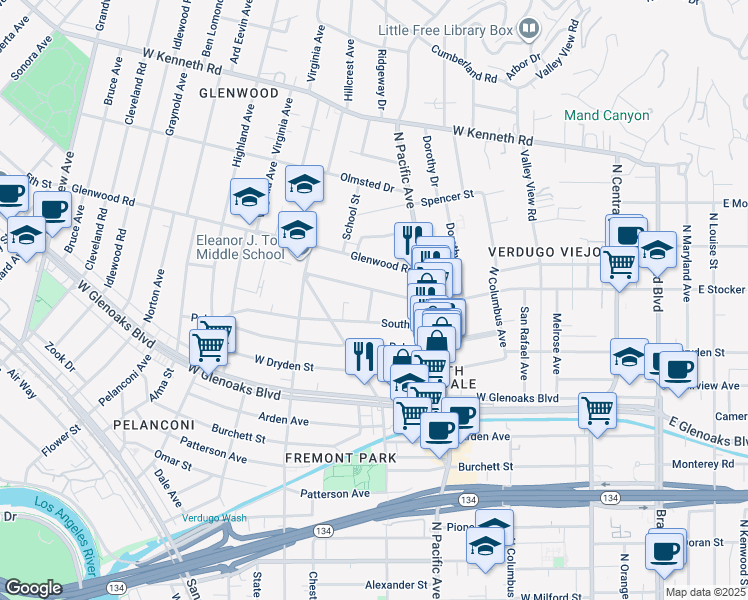 map of restaurants, bars, coffee shops, grocery stores, and more near 565 West Stocker Street in Glendale