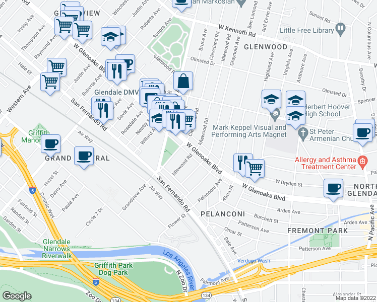 map of restaurants, bars, coffee shops, grocery stores, and more near 1045 West Glenoaks Boulevard in Glendale
