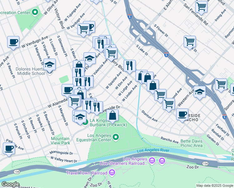 map of restaurants, bars, coffee shops, grocery stores, and more near 361 West Elm Avenue in Burbank