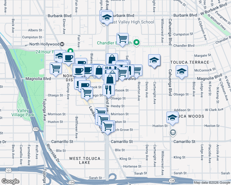 map of restaurants, bars, coffee shops, grocery stores, and more near 10939 Hartsook Street in Los Angeles