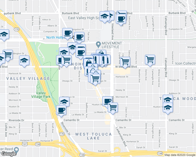 map of restaurants, bars, coffee shops, grocery stores, and more near 11047 Hartsook Street in Los Angeles