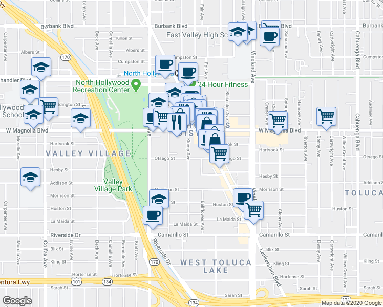 map of restaurants, bars, coffee shops, grocery stores, and more near 5130 Klump Avenue in Los Angeles