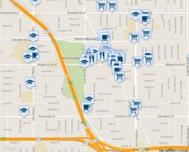 map of restaurants, bars, coffee shops, grocery stores, and more near 5124 Bakman Avenue in Los Angeles