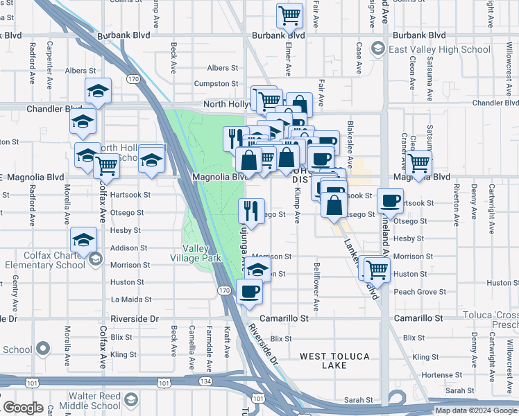 map of restaurants, bars, coffee shops, grocery stores, and more near 5142 Tujunga Avenue in Los Angeles