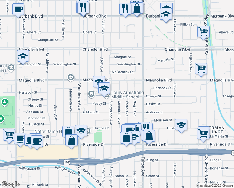 map of restaurants, bars, coffee shops, grocery stores, and more near 5130 Sunnyslope Avenue in Los Angeles