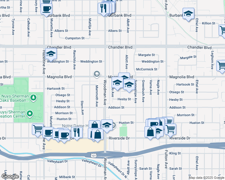 map of restaurants, bars, coffee shops, grocery stores, and more near 5100-5198 Buffalo Avenue in Los Angeles