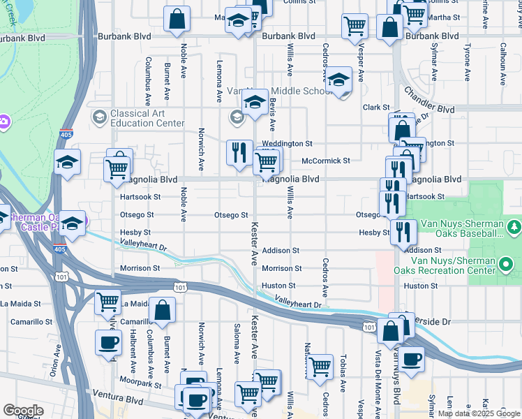 map of restaurants, bars, coffee shops, grocery stores, and more near 14833 Hartsook Street in Los Angeles