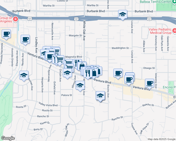 map of restaurants, bars, coffee shops, grocery stores, and more near 5140 White Oak Avenue in Los Angeles