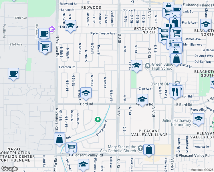 map of restaurants, bars, coffee shops, grocery stores, and more near 1585 North 8th Place in Port Hueneme