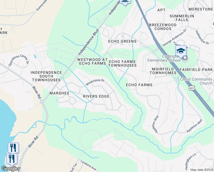 map of restaurants, bars, coffee shops, grocery stores, and more near 353 Windchime Dr in Wilmington