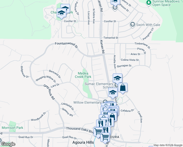 map of restaurants, bars, coffee shops, grocery stores, and more near 6137 Rustling Oaks Drive in Agoura Hills