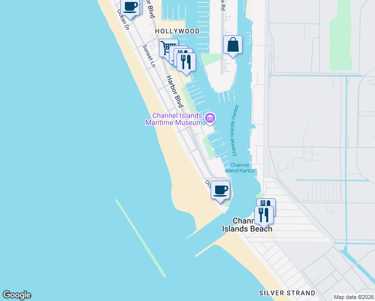 map of restaurants, bars, coffee shops, grocery stores, and more near 3405 Ocean Drive in Oxnard