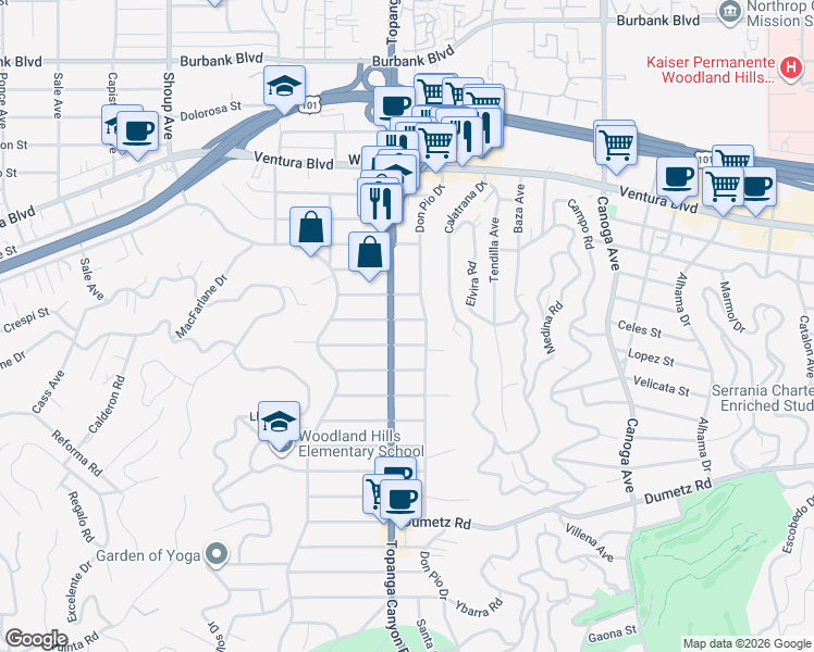 map of restaurants, bars, coffee shops, grocery stores, and more near 5177 Don Pio Drive in Los Angeles