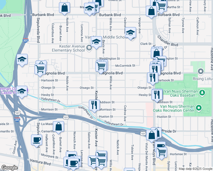 map of restaurants, bars, coffee shops, grocery stores, and more near 14817 Otsego Street in Los Angeles