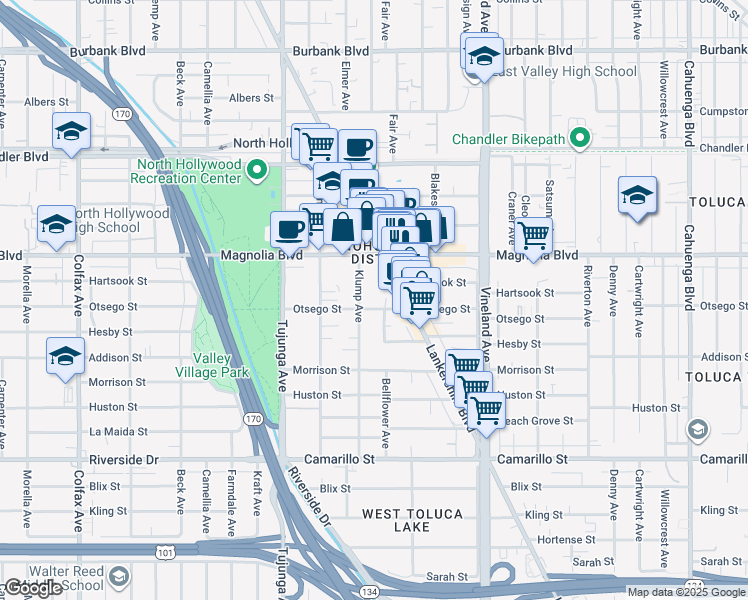 map of restaurants, bars, coffee shops, grocery stores, and more near 5130 Klump Avenue in Los Angeles