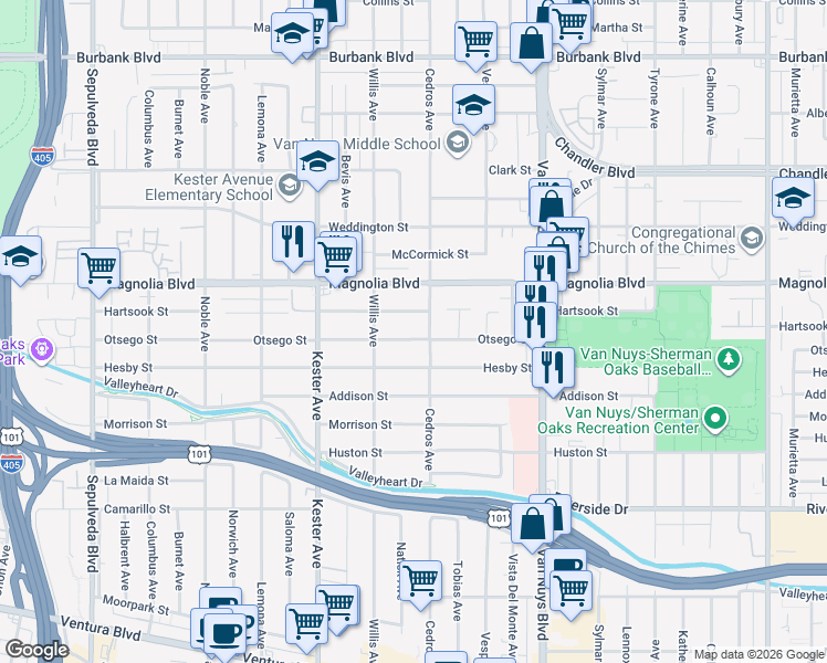 map of restaurants, bars, coffee shops, grocery stores, and more near 14717 Otsego Street in Los Angeles